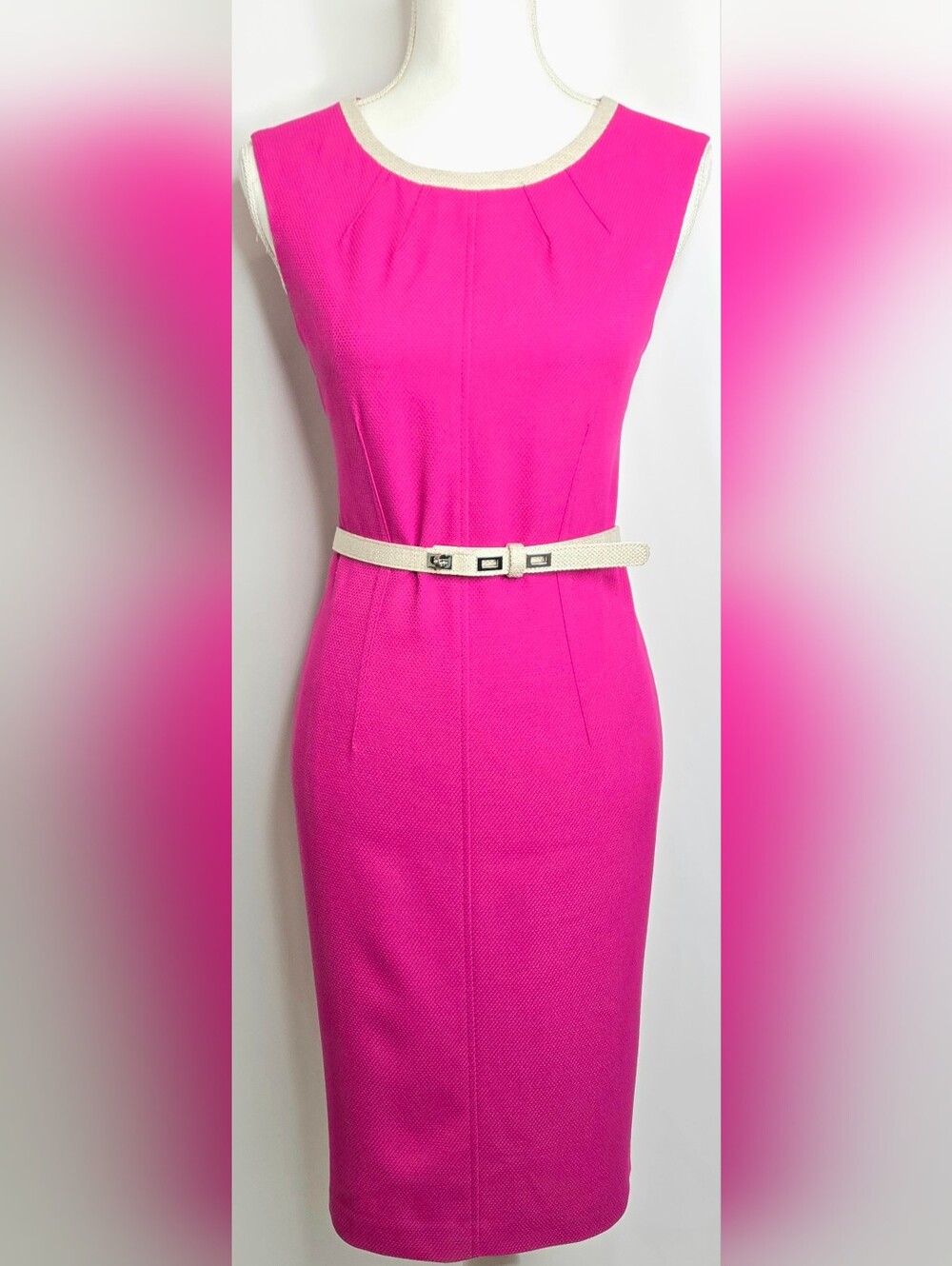 Anne Klein Fuchsia Pink Belted Textured Sheath Career Work Dress Size 8